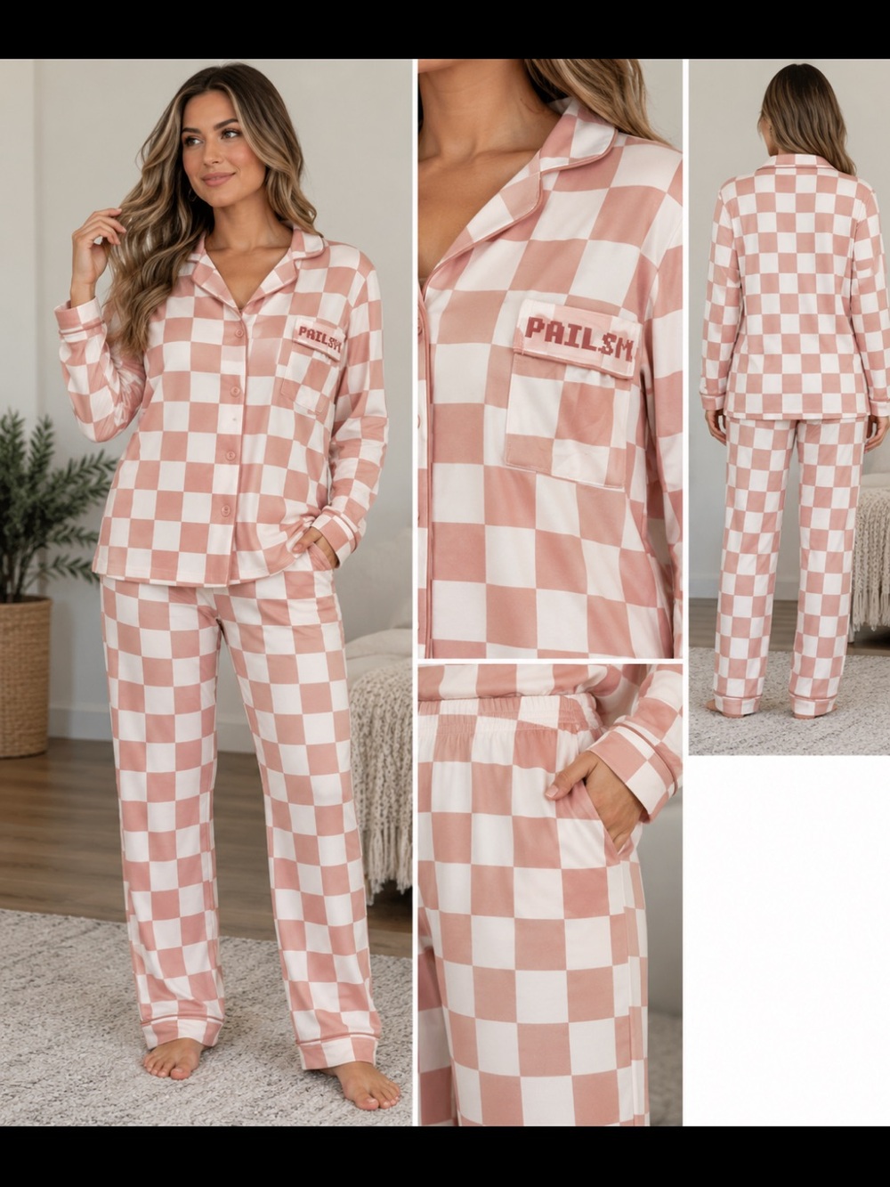 Women’s XXL White and tan Checkered Pajama Set Button Front